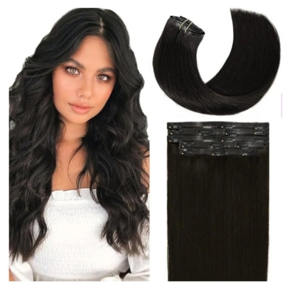 Loxxy Seamless Human Hair Clip in Extensions Natural Black 16Inch 7Pcs 130g Clip - Picture 1 of 3